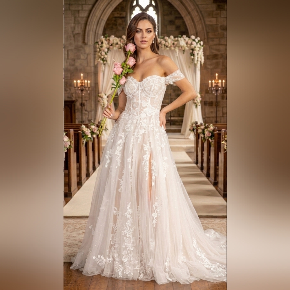 NWT Size XL GLS Sparkly Lace & Tulle Wedding Gown In Ivory & Champagne